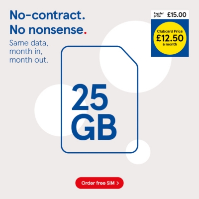 25GB Pay as you go SIM, £12.50 with Clubcard prices