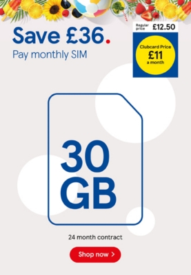 Save £36 on 30GB pay monthly SIM with Clubcard prices