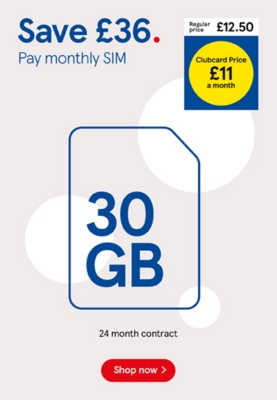 Save £36 on our 30GB SIM only contract with Clubcard prices