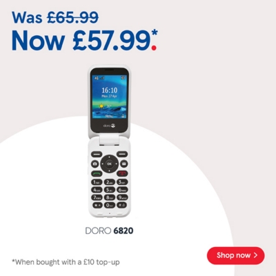 Buy Pay as you go Doro 6820 £57.99 when bought with to £10 top up