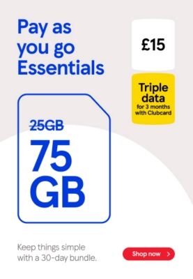 Triple data to 75GB on pay as you go essentials with Clubacard prices