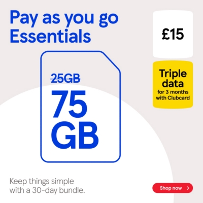 Triple data to 75GB on pay as you go essentials with Clubcard prices