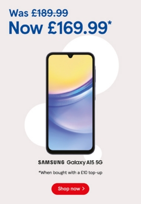 Get the Samsung A15 5G for £169.99 when bought with top up