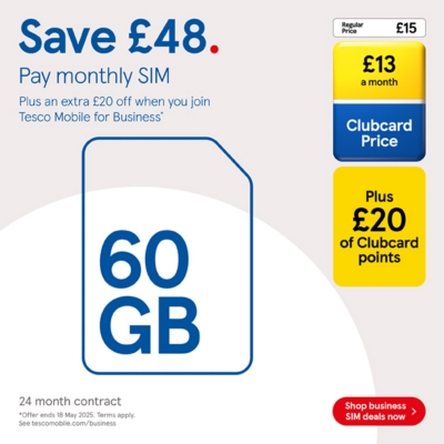 Save £48 on 60GB SIM Only deal with Clubcard prices