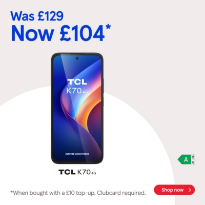 Buy Pay as you go TCL K70 for £104 when bought with a £10 top up, Clubcard required.
