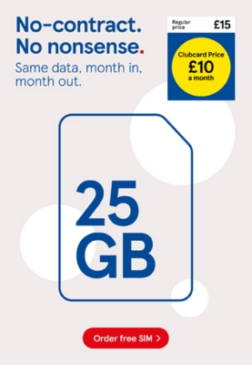 No contract SIM, Get 25GB of data for £10 a month with Clubcard prices
