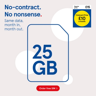 No contract SIM, Get 25GB of data for £10 a month with Clubcard prices