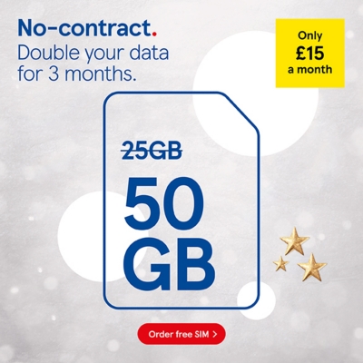 No contract SIM, get double data for 3 months and receive 50GB for £15 a month 