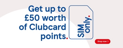 Get up to £50 worth of Clubcard points on pay monthly SIM Only offer.
