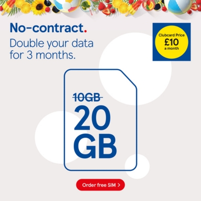 No contract SIM £10 double data with clubcard prices