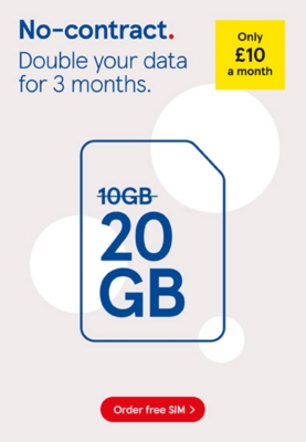 No-contract SIM, Get 20GB double data for £10 a month