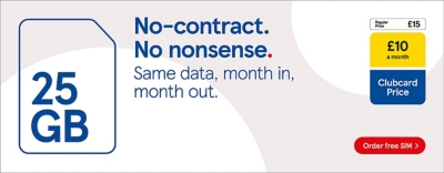 No-contract SIM, Get 25GB data for £10 with Clubcard Prices