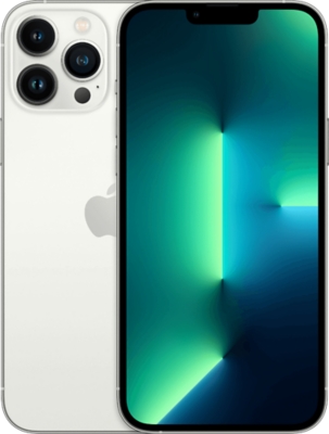 Front and back facing image of iPhone 13 Pro Max in Silver
