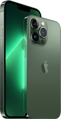 iPhone 13 Pro in Alpine Green front and back tilted